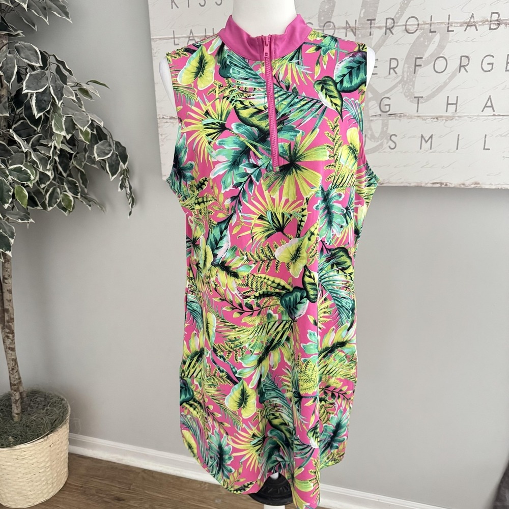 Tommy Bahama Golf Dress Womens XL‎ Pink Tropical Mock Neck Zip Shift Knee Length
